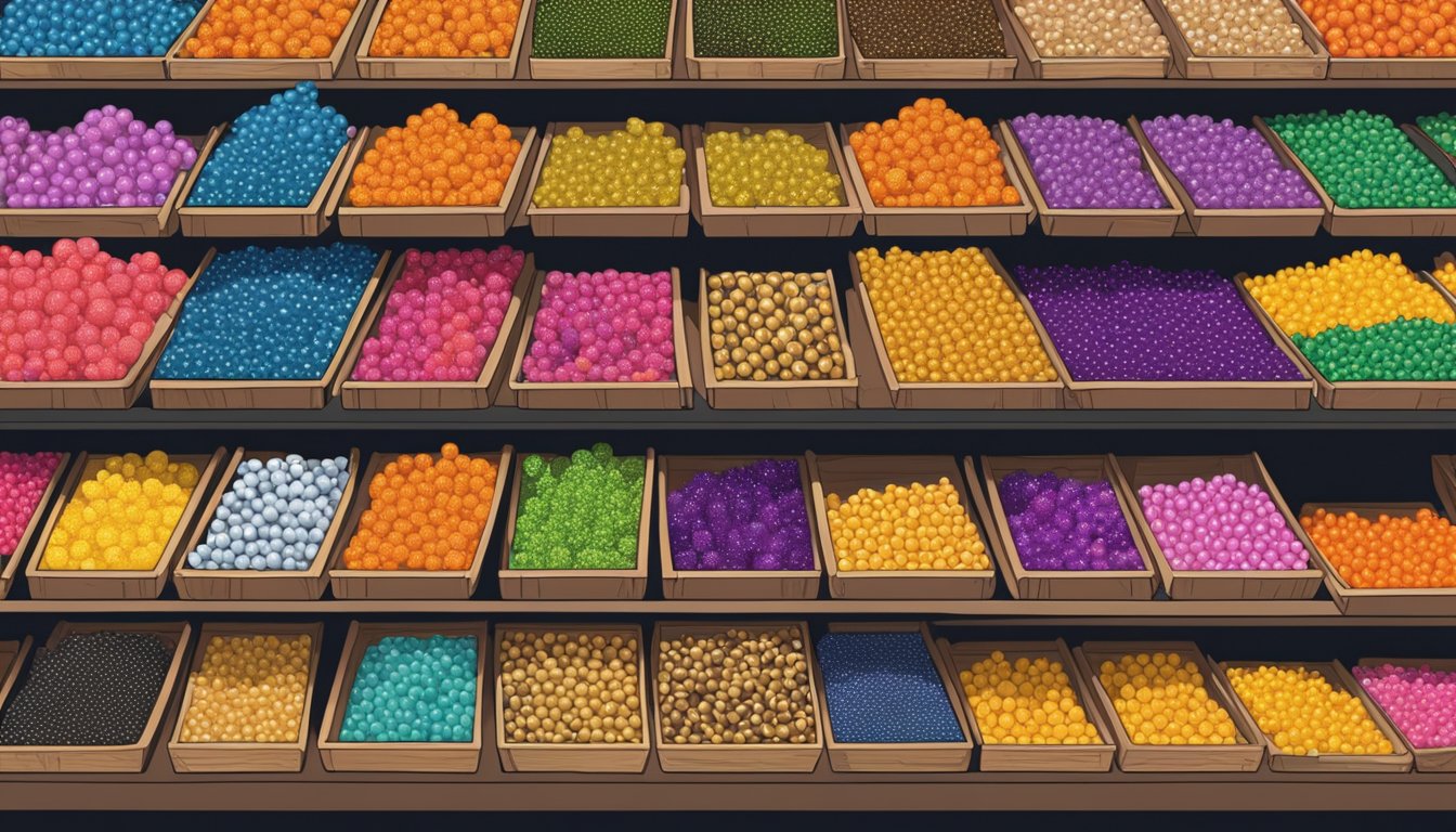 A bustling market stall displays colorful beads in Singapore. Shelves are lined with various sizes and styles, attracting customers with their vibrant hues