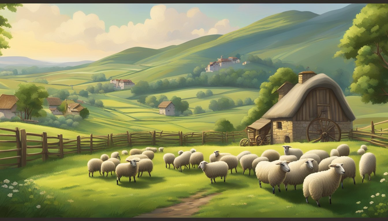 A flock of sheep grazing in a lush green pasture, with a traditional wool spinning wheel and loom in the background, surrounded by rolling hills and a quaint village