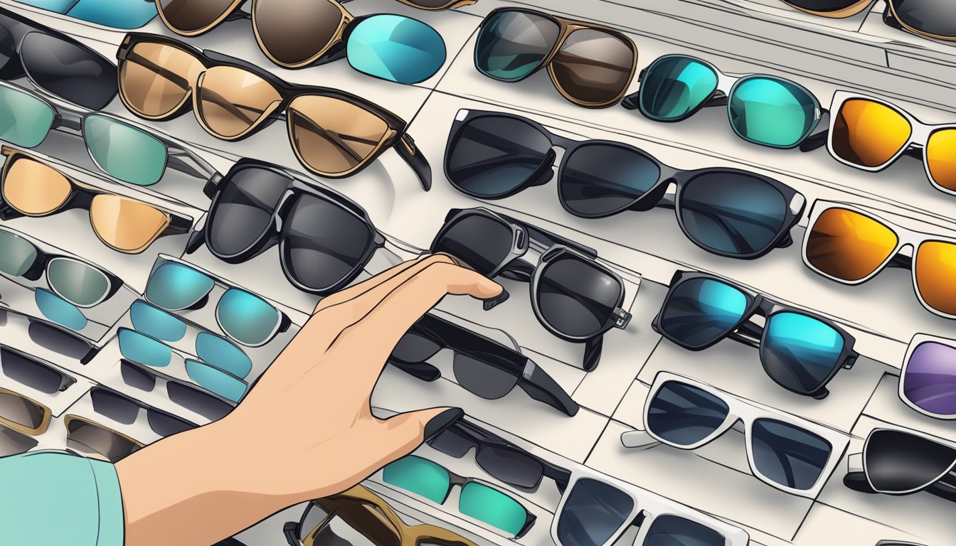 A hand reaches for a pair of sleek Russian sunglasses from a display, showcasing various brands and styles. The background features a modern and stylish setting