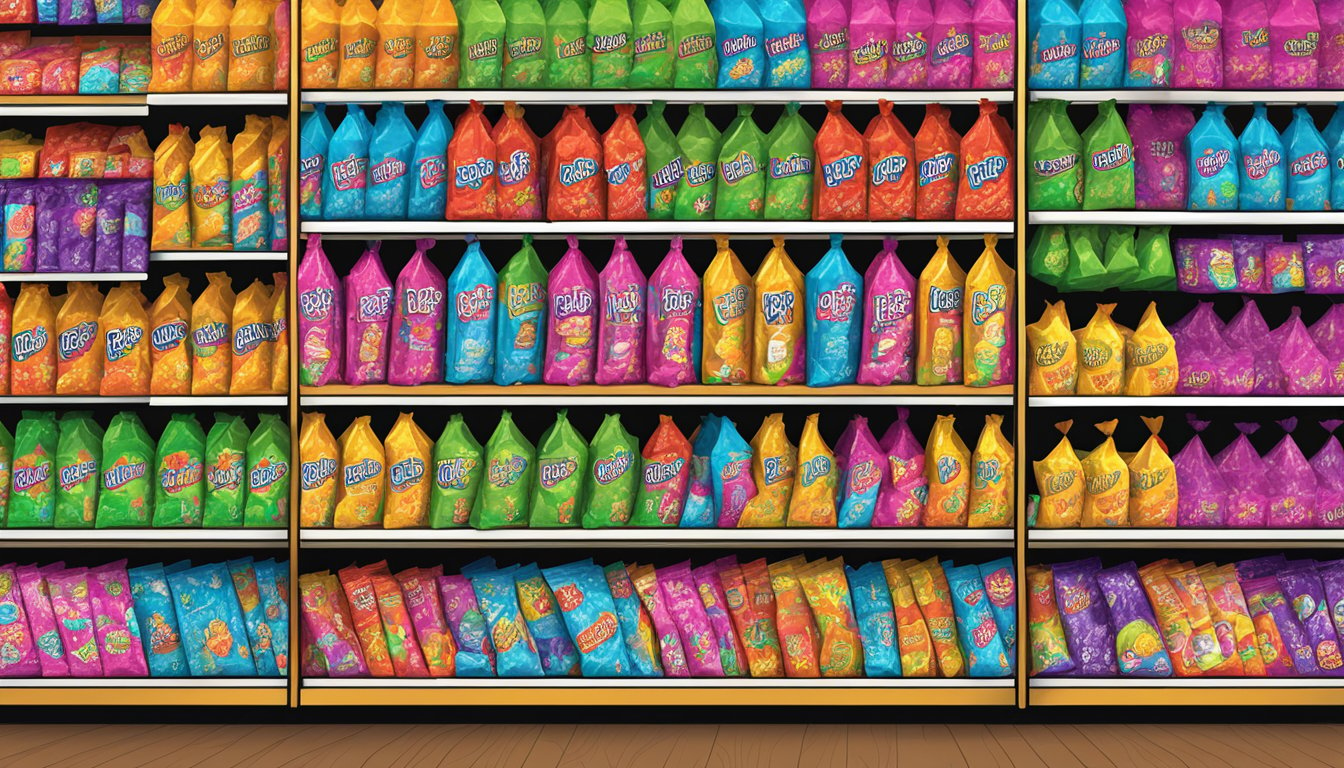 Pop rocks candy brands fizz and crackle inside colorful packets on a display shelf