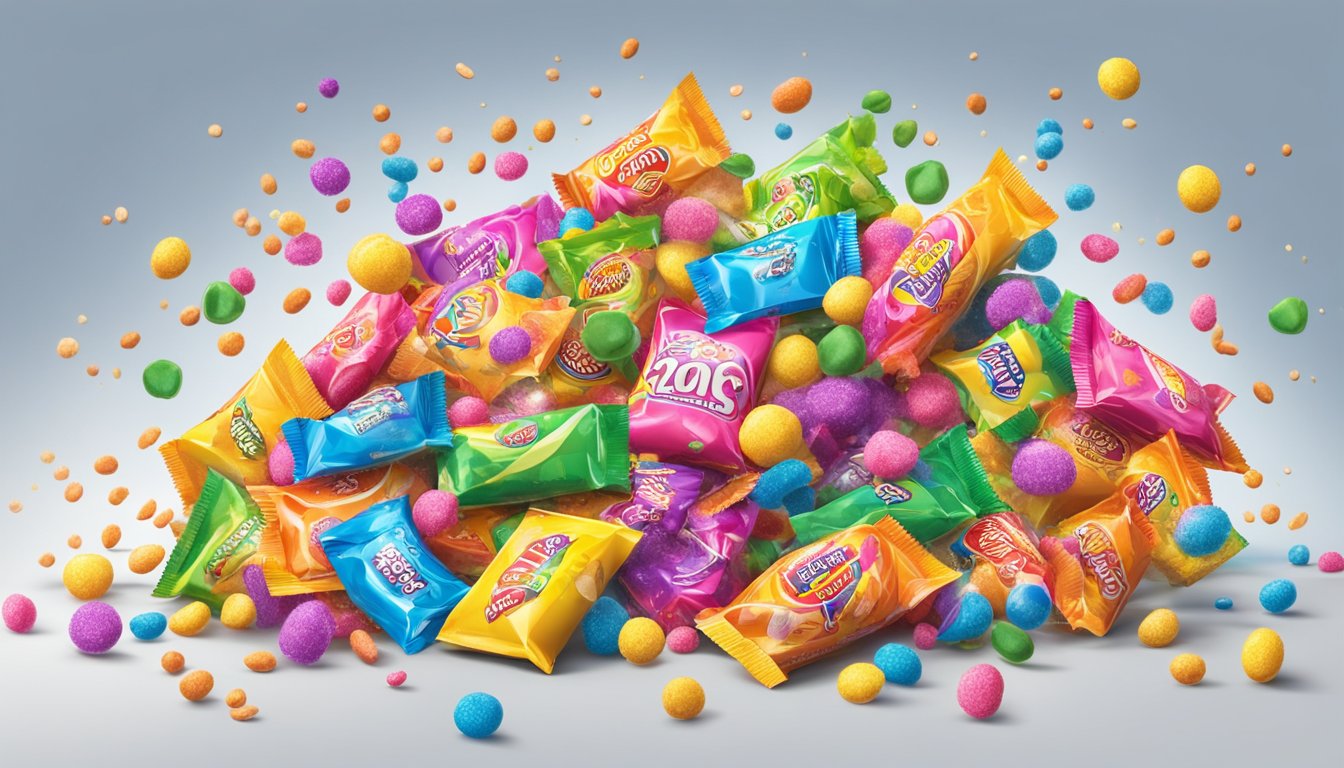 A colorful explosion of Sensational Flavours and Varieties pop rocks candy brands bursting out of their packaging