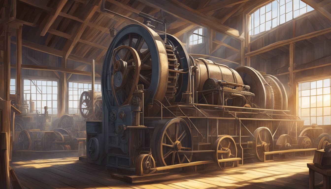 A large, weathered barn houses antique wool processing machinery. Sunlight streams through dusty windows, illuminating the intricate gears and pulleys