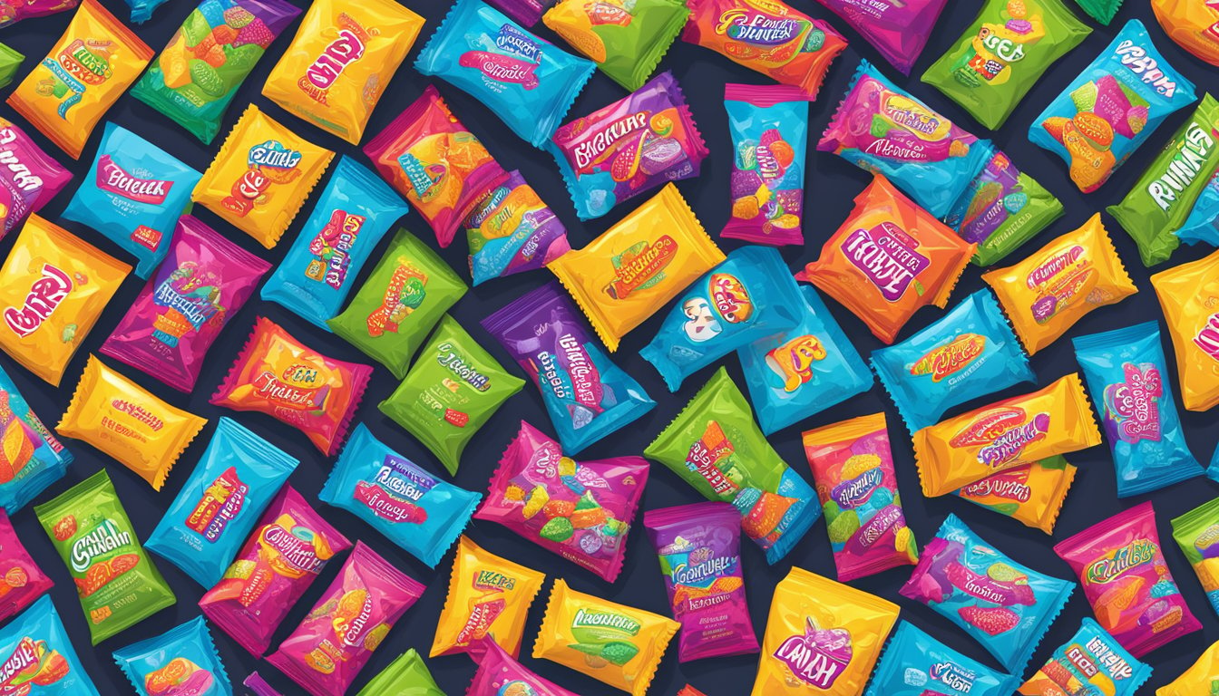 Colorful pop rocks candy brands arranged in a grid pattern with bold, eye-catching packaging. Labels prominently display "Frequently Asked Questions" in large, playful fonts