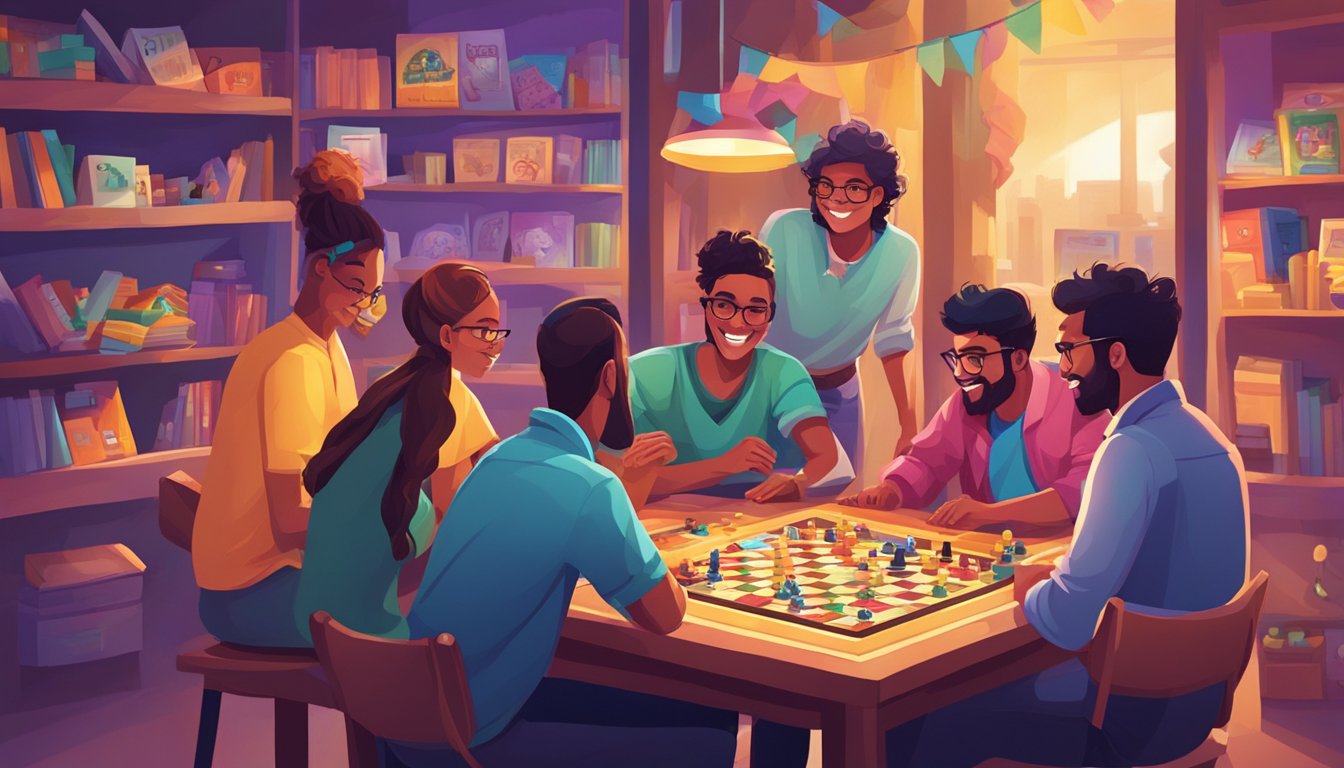 Players gather around a table, reaching for colorful board games. Shelves are lined with various game options, creating a lively and engaging atmosphere