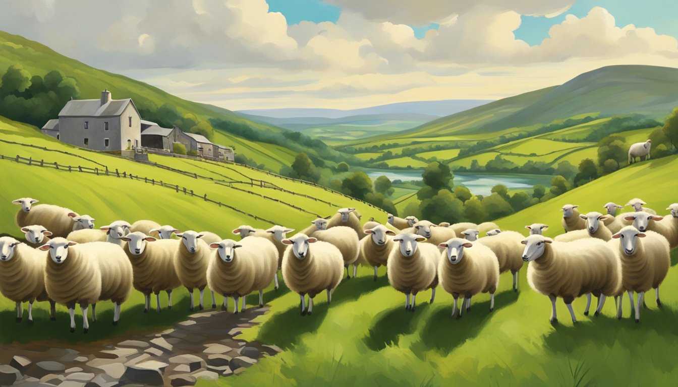 A flock of sheep roam freely across the lush green hills of County Leitrim, with traditional wool spinning and weaving equipment in the background, symbolizing the cultural significance and future outlook of the traditional wool industry