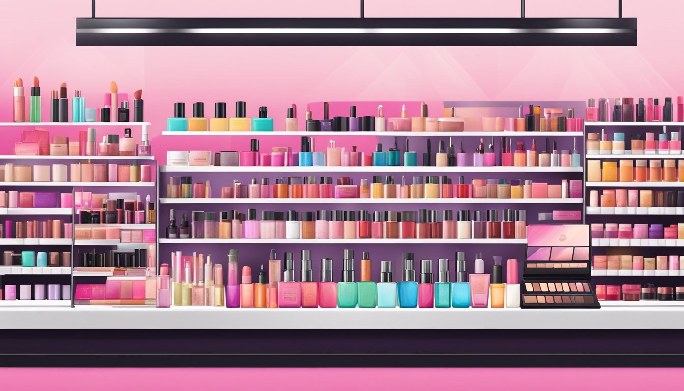 A colorful display of popular Asian makeup brands arranged on a sleek, modern counter. Brightly packaged products line the shelves, showcasing a variety of cosmetics and skincare items