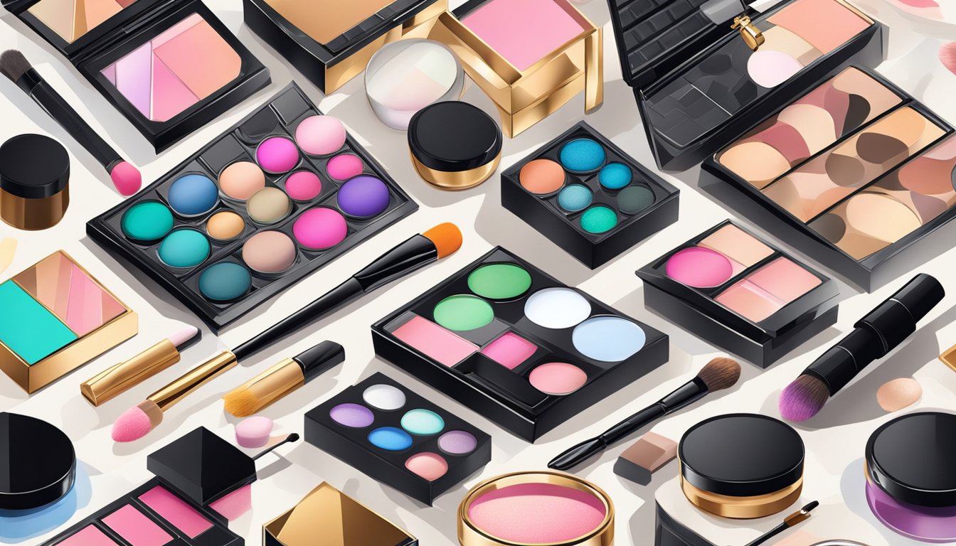 Various colorful and intricately designed makeup products from popular Asian brands are displayed on a sleek, modern counter