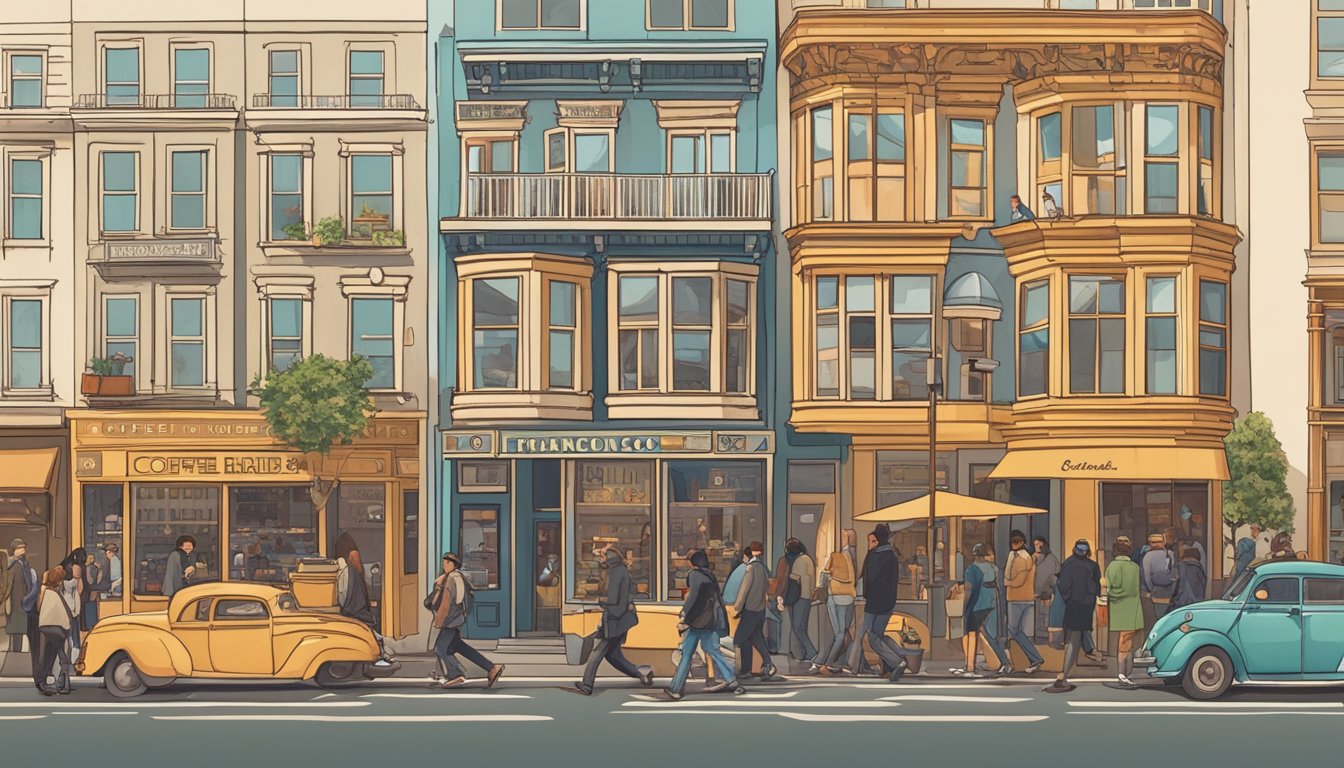 A bustling San Francisco street lined with coffee shops and iconic brands, with people sipping on steaming cups and the aroma of freshly roasted beans filling the air