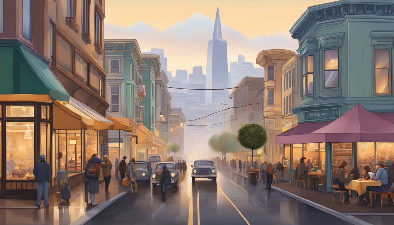 A bustling San Francisco street lined with iconic coffee shops and roasteries, with the city's famous fog rolling in the background