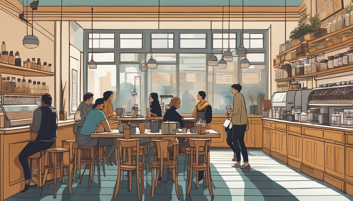 A bustling San Francisco cafe, with steaming espresso machines and shelves lined with bags of locally roasted coffee beans. Customers chat over cups of artisanal brew, surrounded by modern decor and the aroma of freshly ground coffee