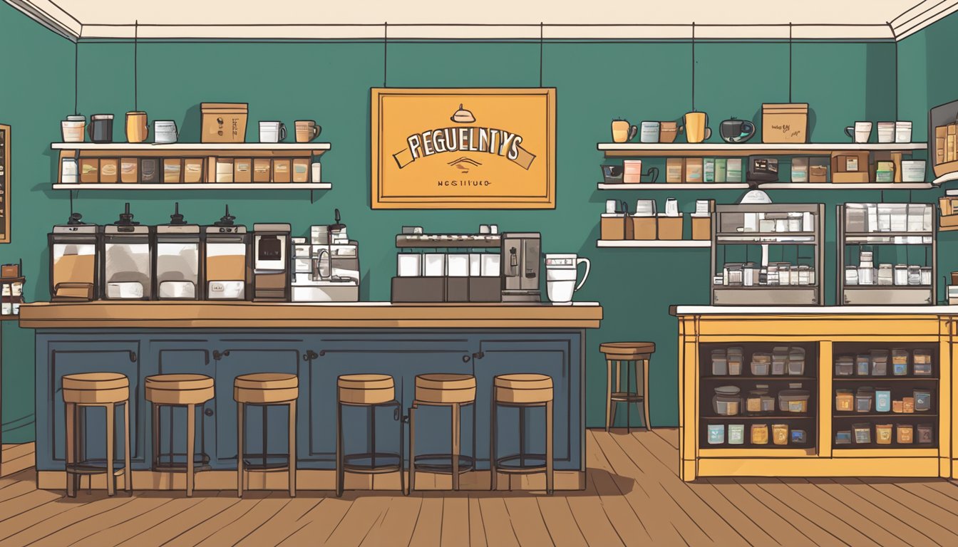 A bustling coffee shop in San Francisco with shelves of local coffee brands and a sign that reads "Frequently Asked Questions" displayed prominently