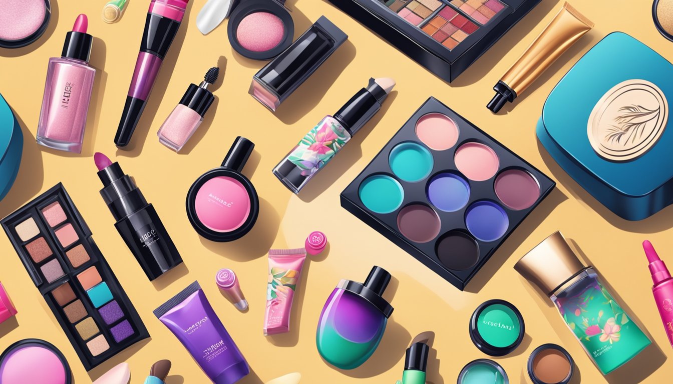 A table covered in popular Asian makeup brands and trendy products, with vibrant colors and sleek packaging