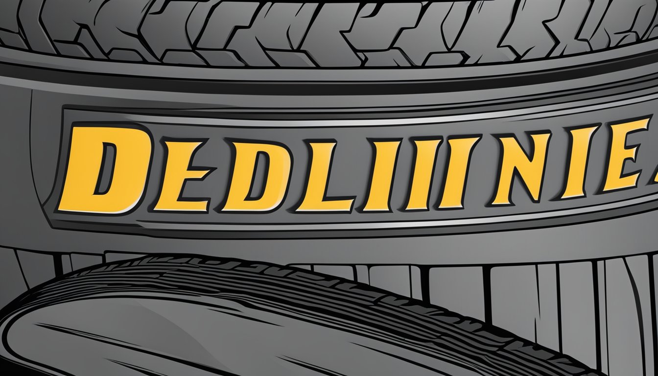 A close-up of a Delinte tire showing its tread pattern and sidewall design, with a focus on the brand name and logo