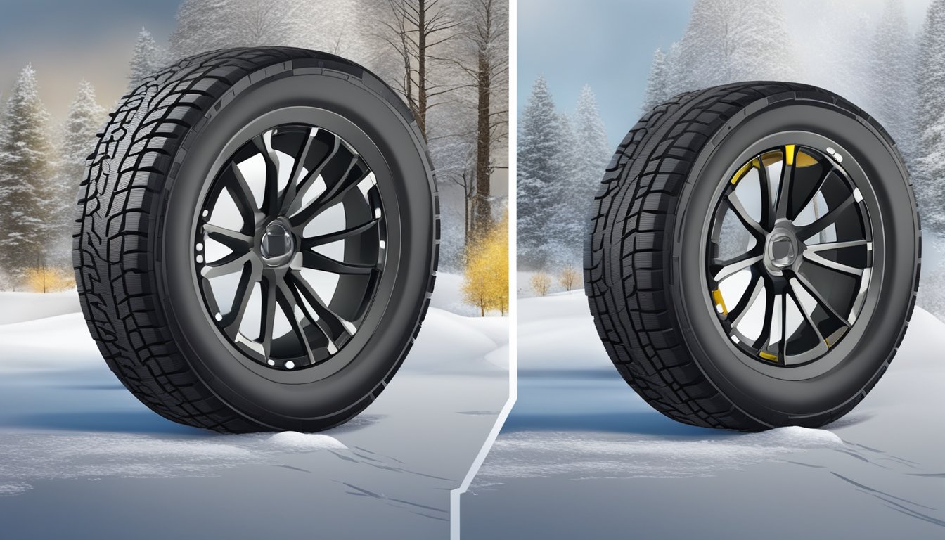 The Delinte tire performs well in various conditions. Show a tire on a wet road, gravel, and snow, with arrows pointing up