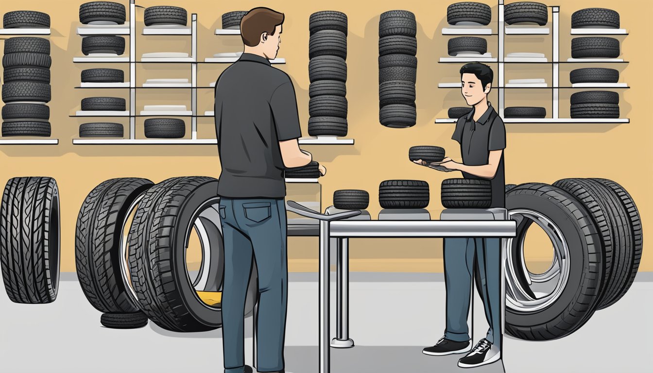 A person selecting the right Delinte tire from a display of various options