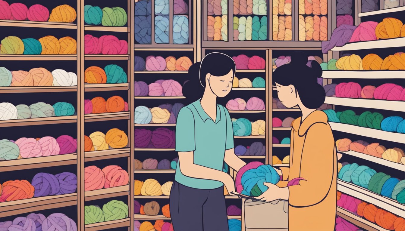 A cozy, brightly lit yarn shop in Singapore, shelves stocked with colorful skeins of crochet yarn. A friendly staff member assists a customer in choosing the perfect yarn for their next project