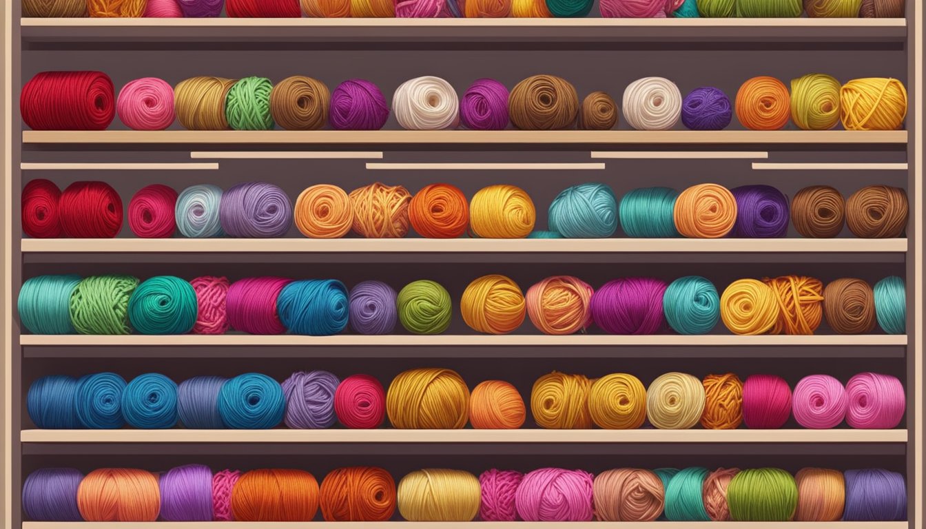 A colorful display of crochet yarn spools arranged neatly on shelves in a cozy craft store in Singapore
