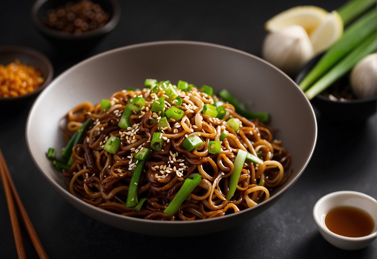A wok sizzles with dark, glossy noodles, tossed in soy sauce, garlic, and sesame oil, garnished with green onions and sesame seeds