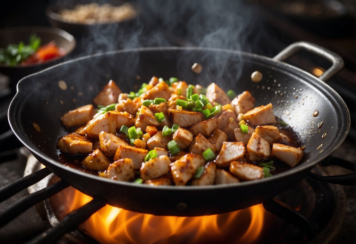 A wok sizzles with diced chicken, garlic, and ginger. Soy sauce and honey are added, creating a savory aroma. Steam rises as the chicken cooks to perfection