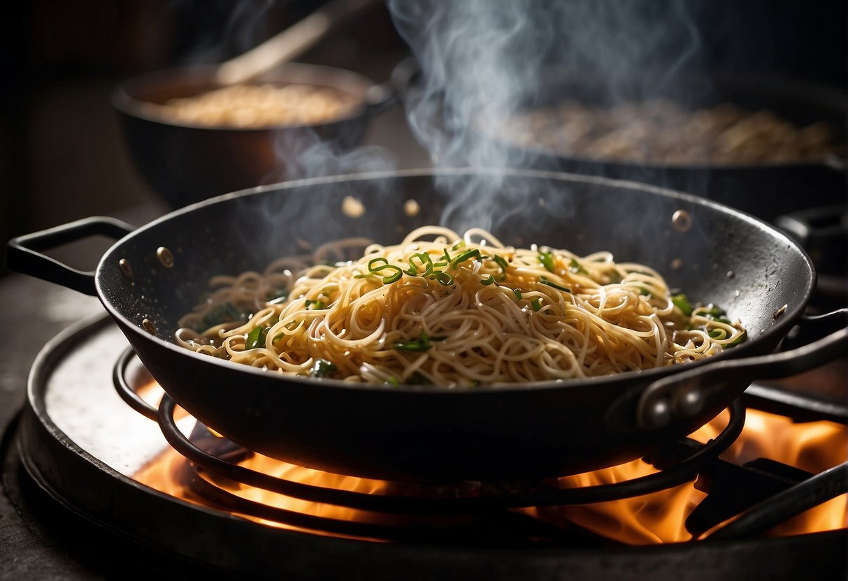 A steaming wok sizzles as dark, chewy noodles are tossed with fragrant garlic, soy sauce, and sesame oil, creating a savory aroma that fills the air