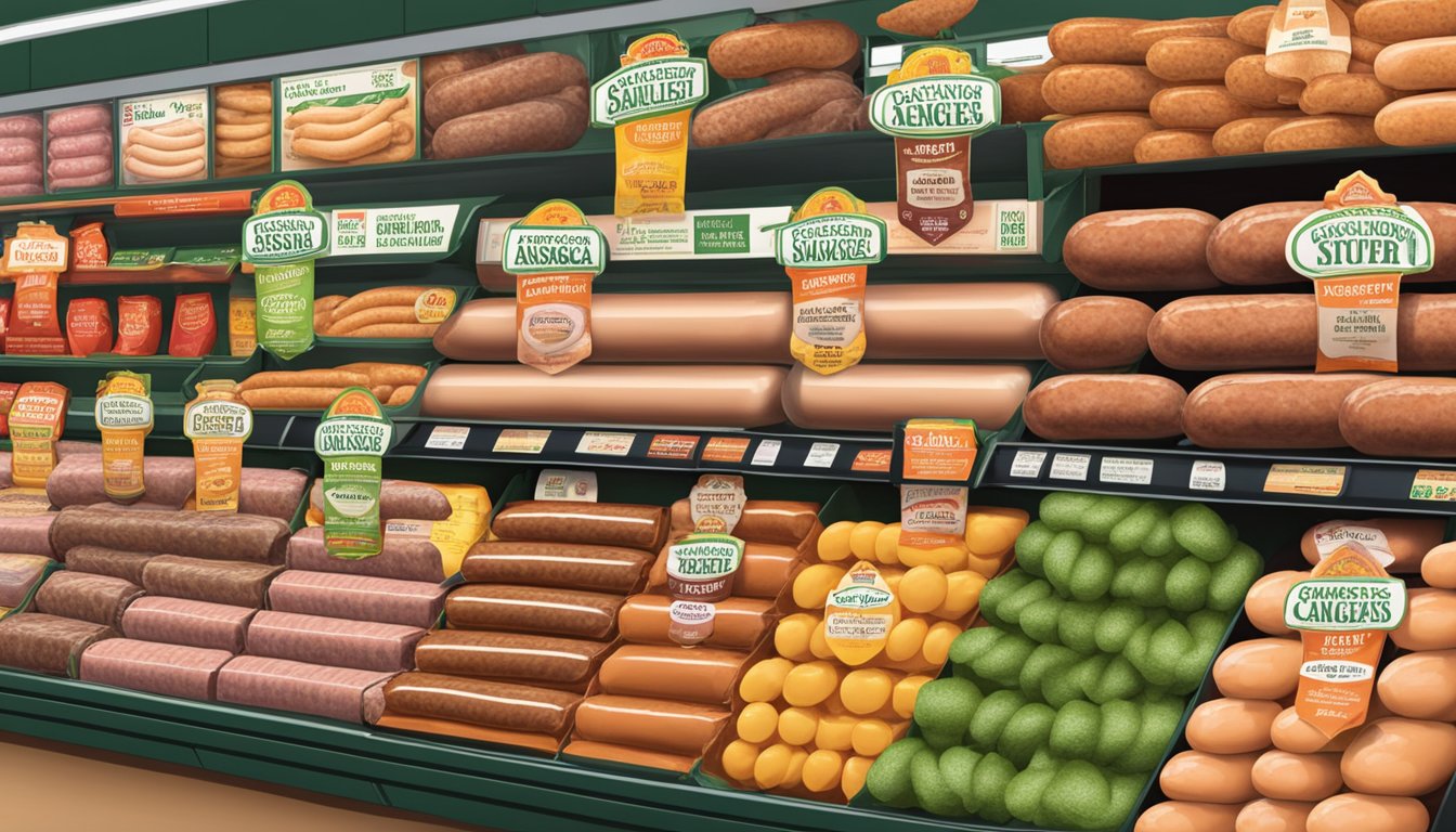 A variety of pork sausage brands displayed on a grocery store shelf