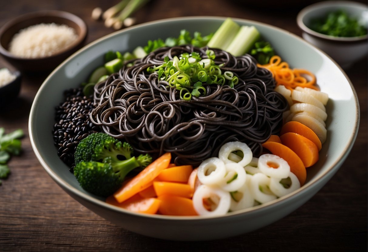 A bowl of Chinese black noodles surrounded by ingredients like soy sauce, sesame oil, green onions, and sliced vegetables