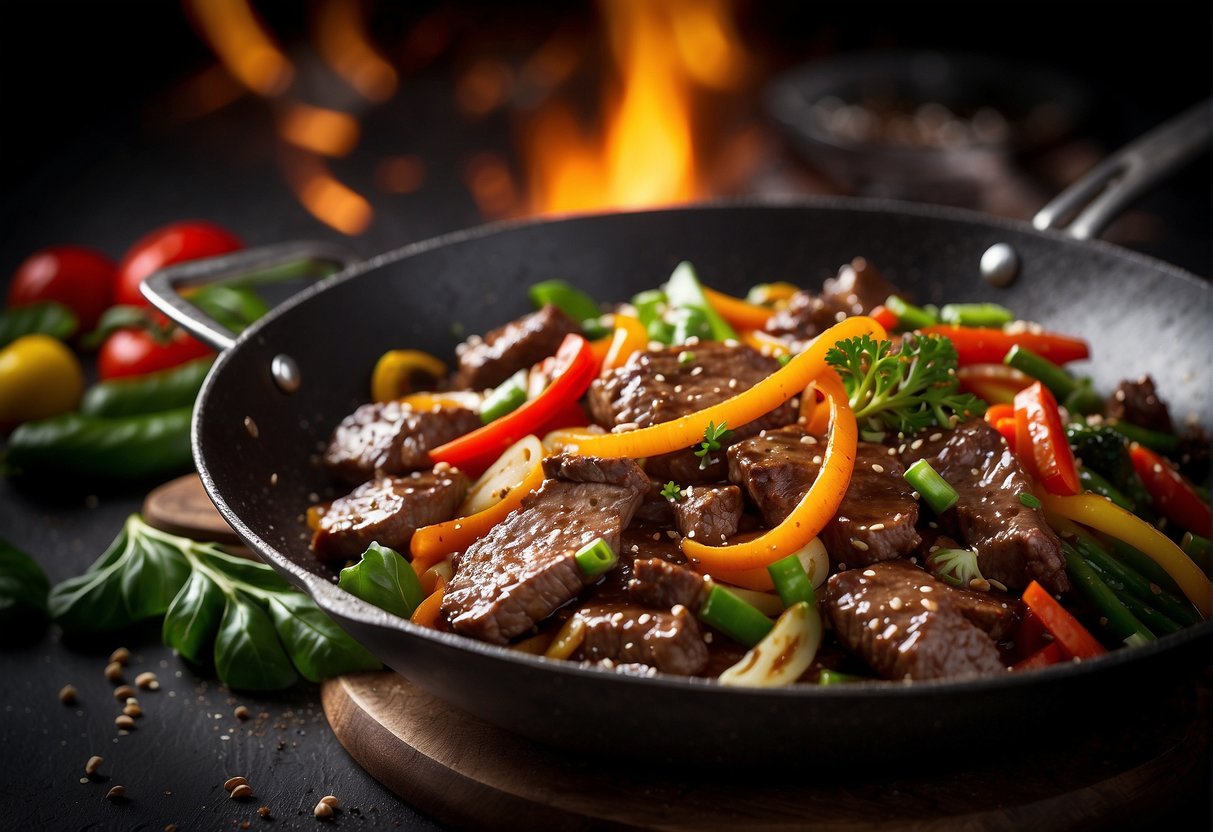 Sizzling beef strips in a wok with aromatic black pepper sauce and colorful stir-fried vegetables