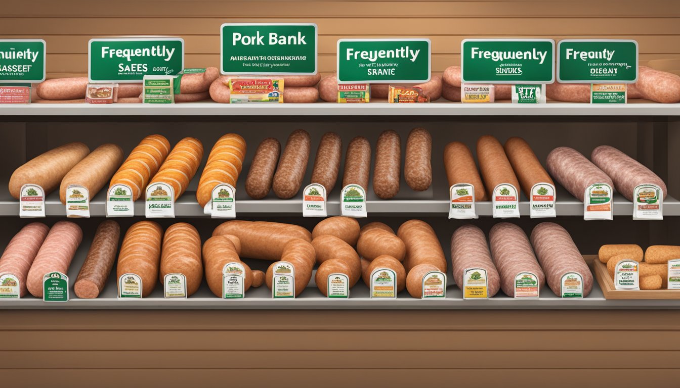 Various pork sausage brands arranged on a shelf with a "Frequently Asked Questions" sign above
