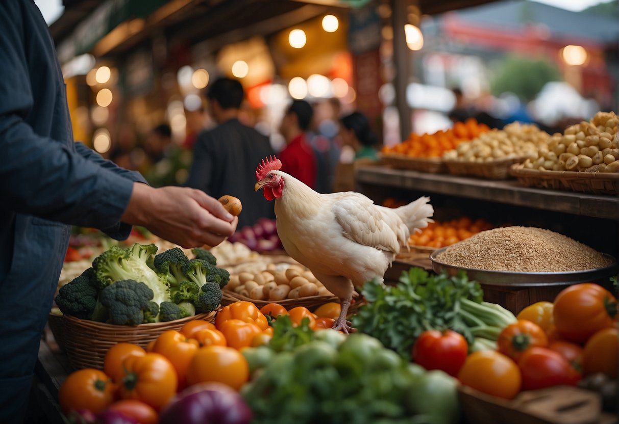 A hand reaches for a plump chicken in a market stall, surrounded by vibrant vegetables and traditional Chinese cooking ingredients