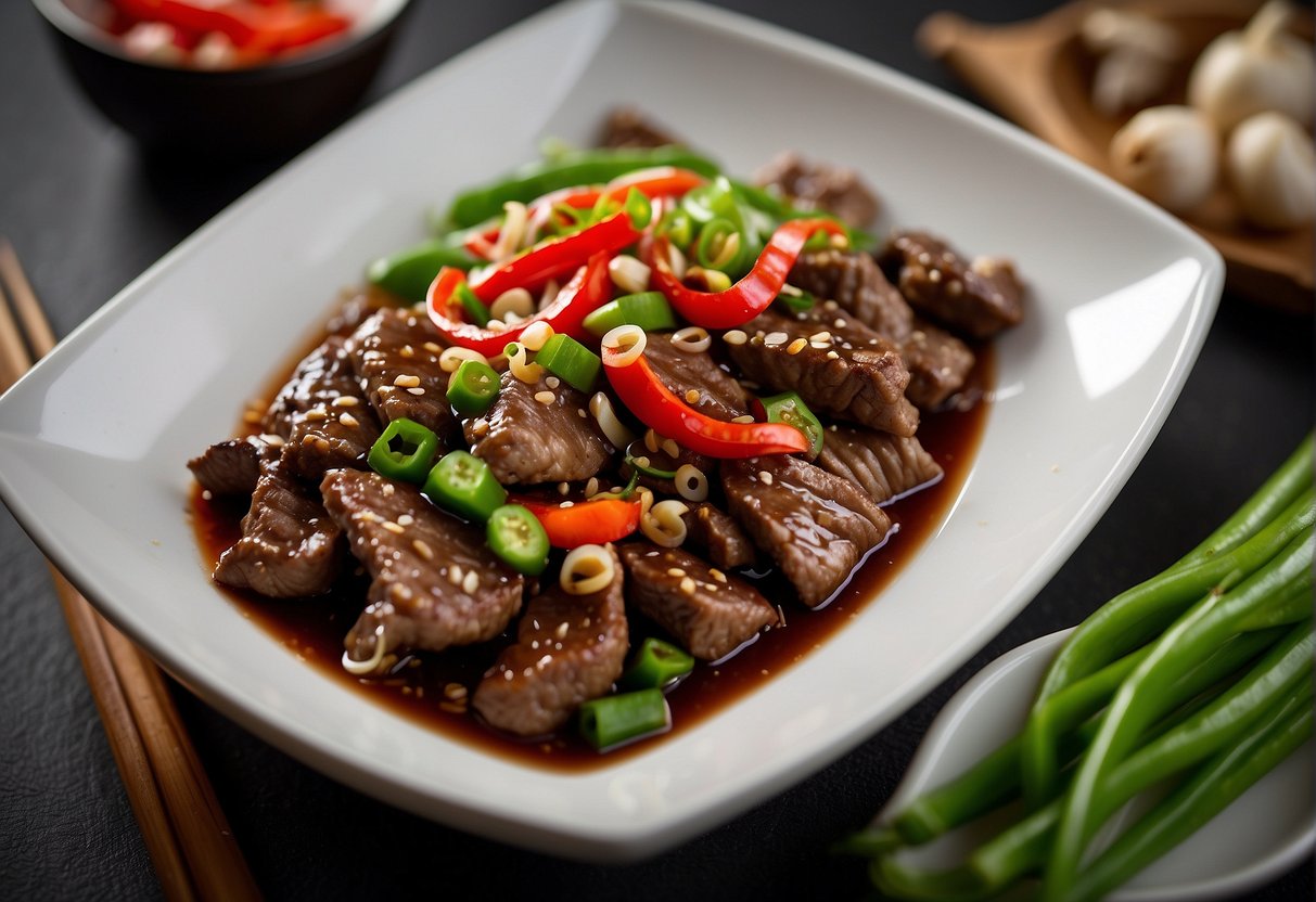 Sizzling beef strips in a wok with black pepper, garlic, and soy sauce, surrounded by sliced green onions and red chili peppers