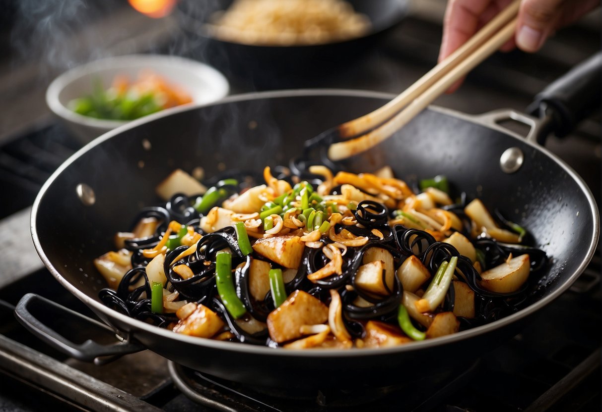 A wok sizzles with hot oil, as garlic and ginger are sautéed. Soy sauce and dark vinegar are added, creating a fragrant sauce for the black noodles