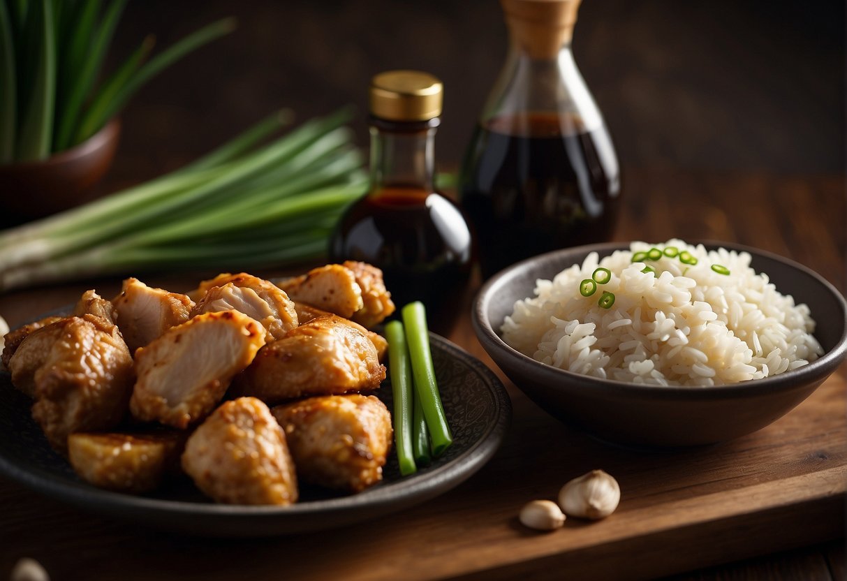 A table displays soy sauce, ginger, garlic, and green onions. A chicken, rice, and vegetables sit nearby