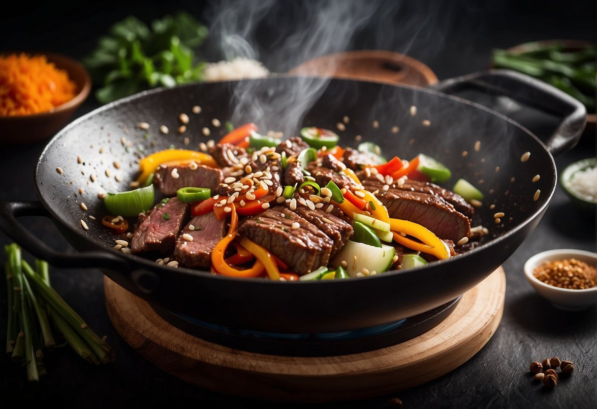 Sizzling beef strips in a wok with aromatic black pepper, soy sauce, and ginger, surrounded by vibrant sliced vegetables and steaming rice