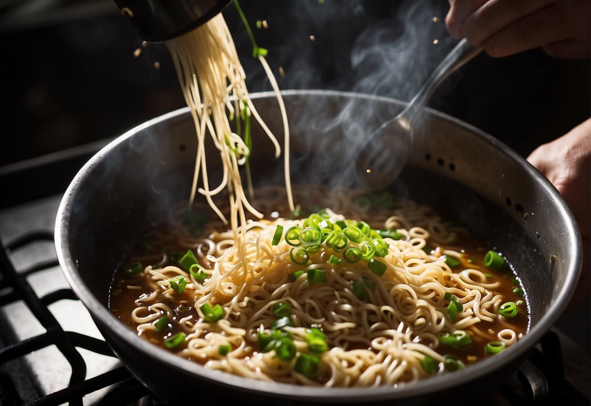 A pot boils on a stove. A hand pours dark soy sauce into a bowl of cooked noodles. Steam rises. Green onions and sesame seeds sprinkle on top