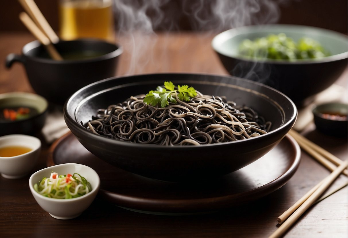 A steaming bowl of Chinese black noodles sits on a wooden table, surrounded by chopsticks, a small dish of chili oil, and a pot of green tea