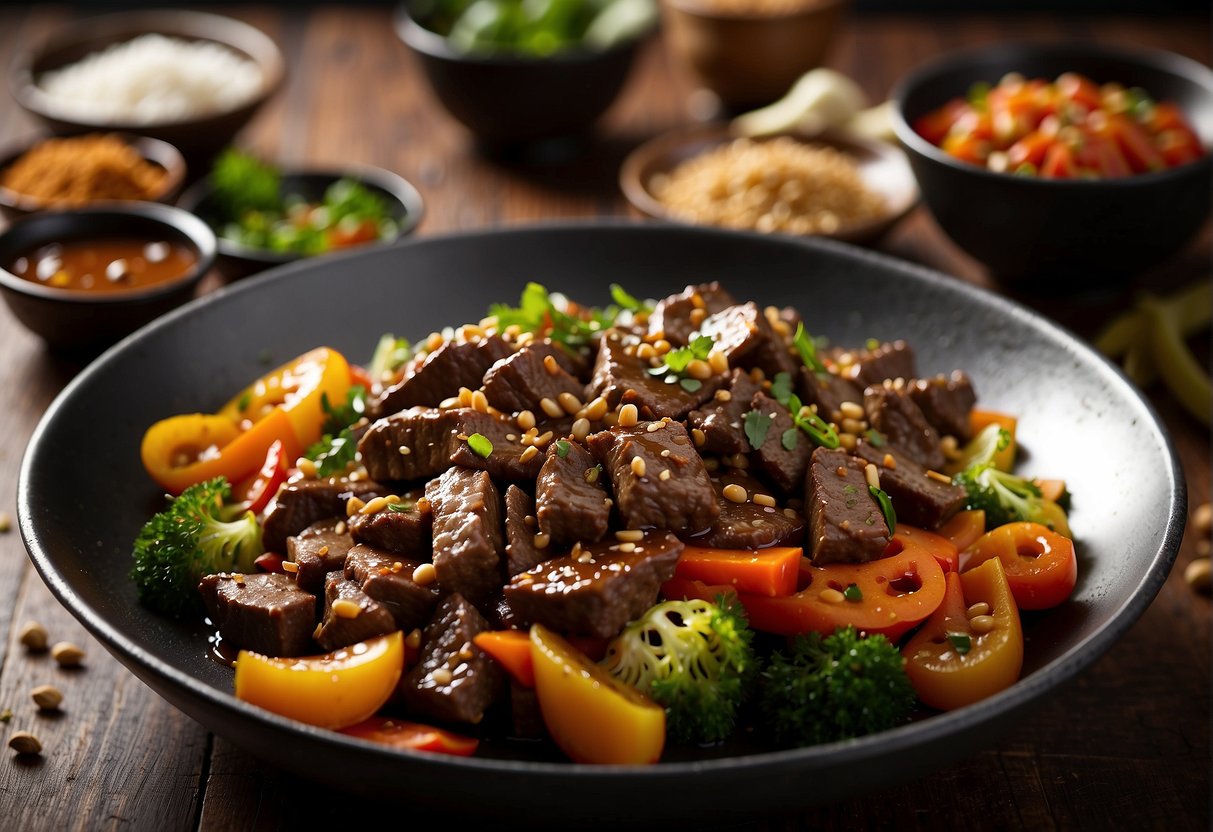 Sizzling beef strips in a wok with black pepper sauce, surrounded by chopped vegetables and spices