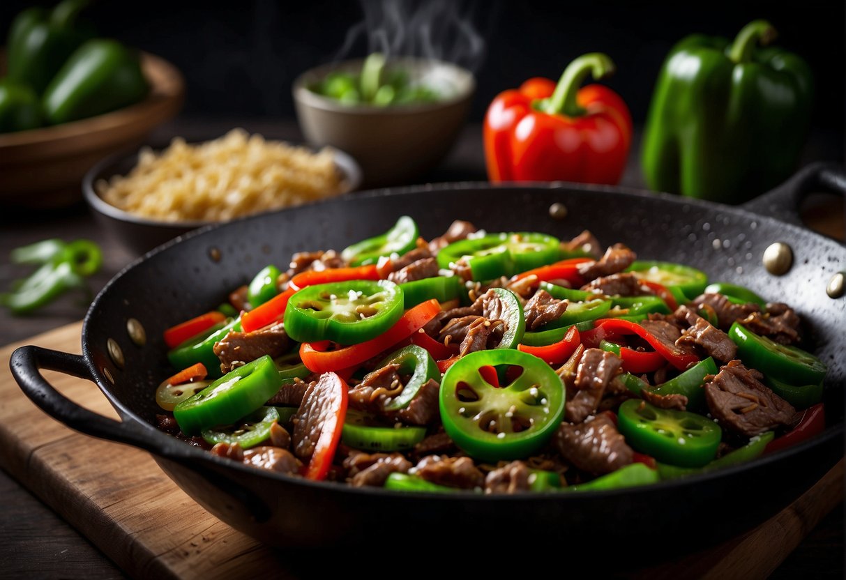 A sizzling wok stir-fries thinly sliced beef with vibrant green bell peppers, onions, and a generous sprinkling of fragrant black pepper