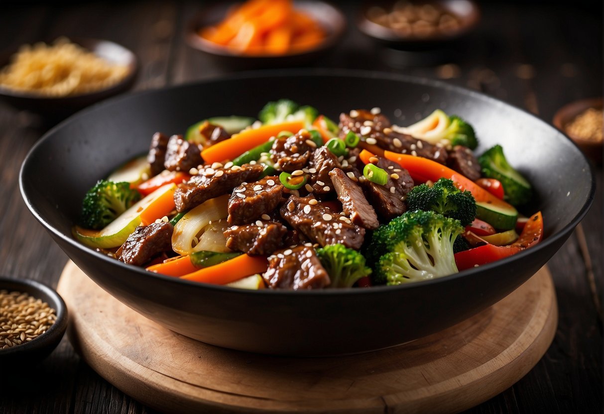 A sizzling wok with stir-fried beef strips, black pepper, and vegetables, accompanied by a list of nutritional information