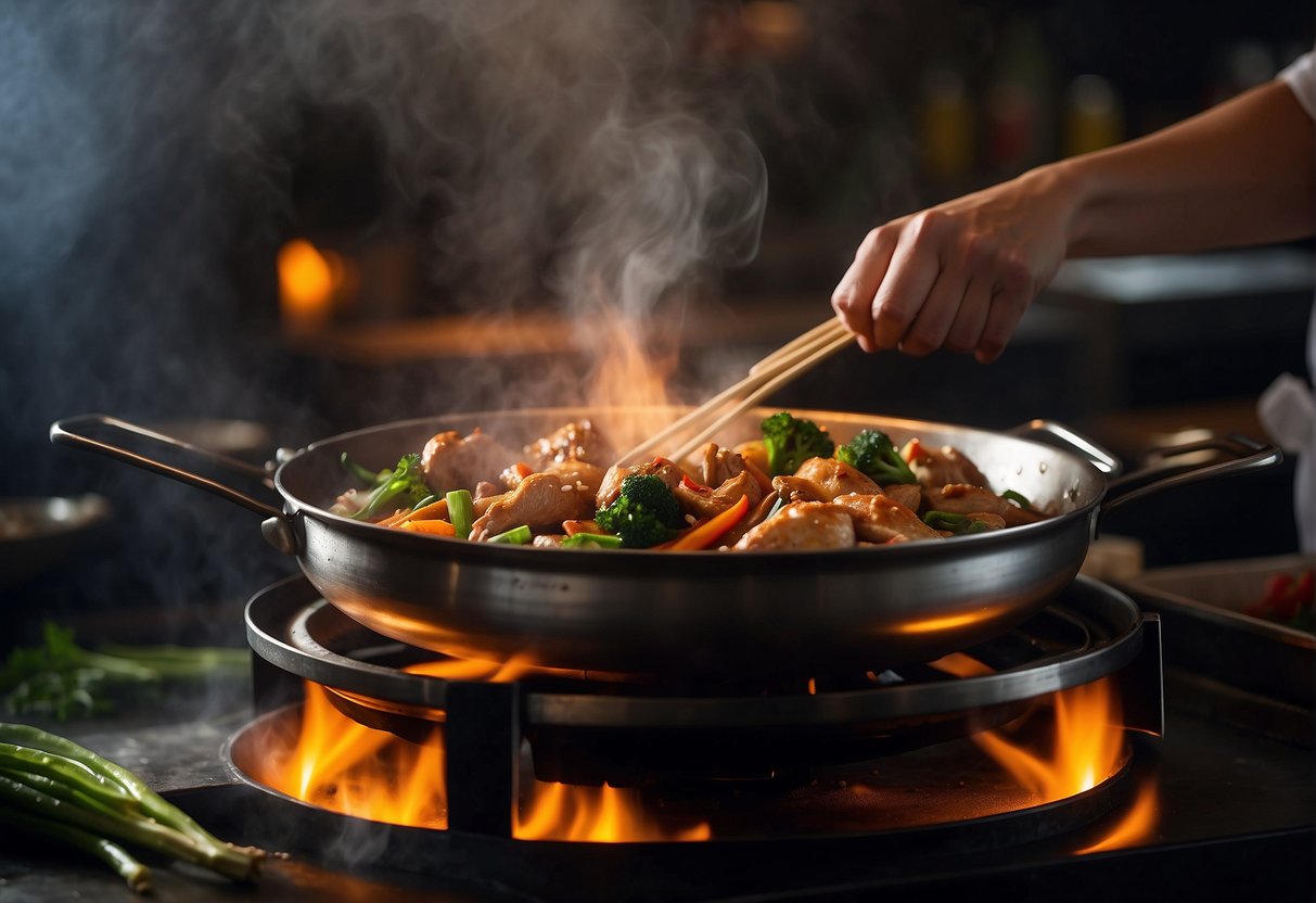 A sizzling wok filled with aromatic Chinese chicken dishes. Steam rises as the chef adds the final touches to the flavorful creations