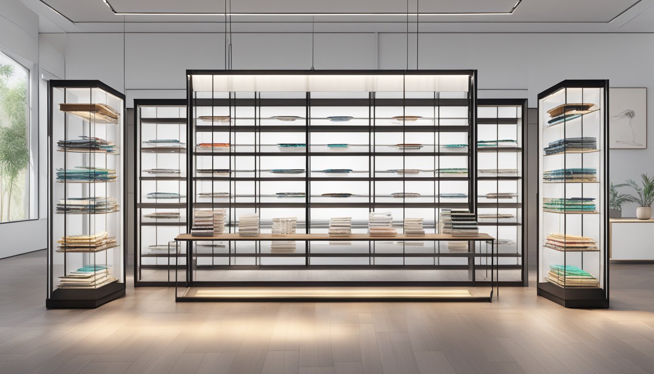 A sleek display of Sehun glasses, arranged in a modern, well-lit showroom
