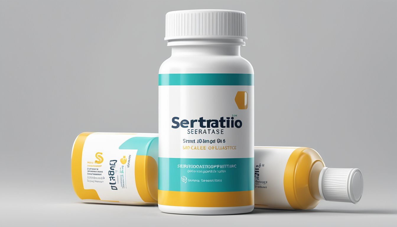 A bottle of Serratiopeptidase 10mg brands on a clean, white surface with a clear and legible label
