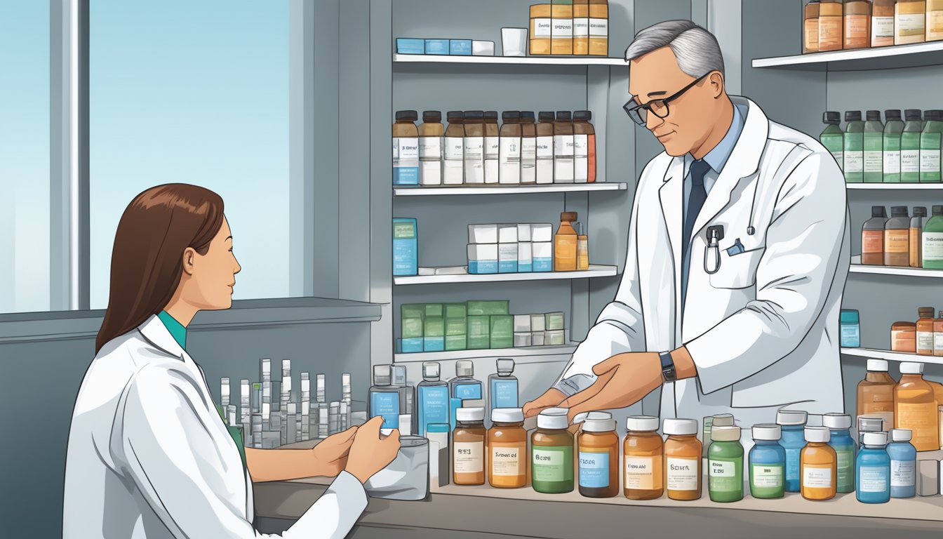 Serratiopeptidase 10mg brands being used in a clinical setting, with a doctor or pharmacist demonstrating its therapeutic uses and health benefits to a patient or customer
