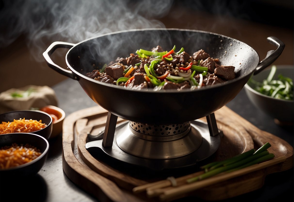 Sizzling beef stir-frying in a wok with aromatic black pepper and Chinese spices. Steam rising, a bowl of rice and chopsticks nearby