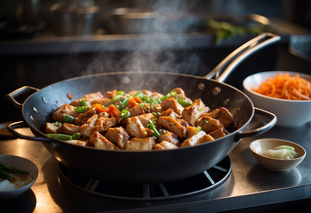 A wok sizzles with marinated chicken, stir-frying over high heat. Ingredients like soy sauce and ginger sit nearby, ready to be added