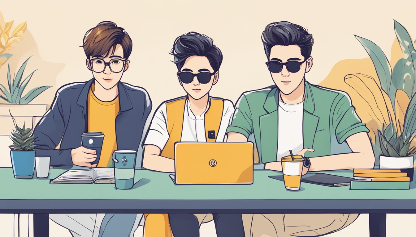 A table displaying popular brand logos like "Sehun Glasses" with influencers' names in a bright, trendy setting