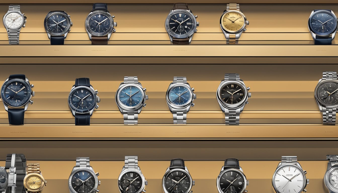 Seven watch brands displayed on a sleek, modern store shelf. Each brand's logo is prominently featured, and the watches are arranged neatly in rows