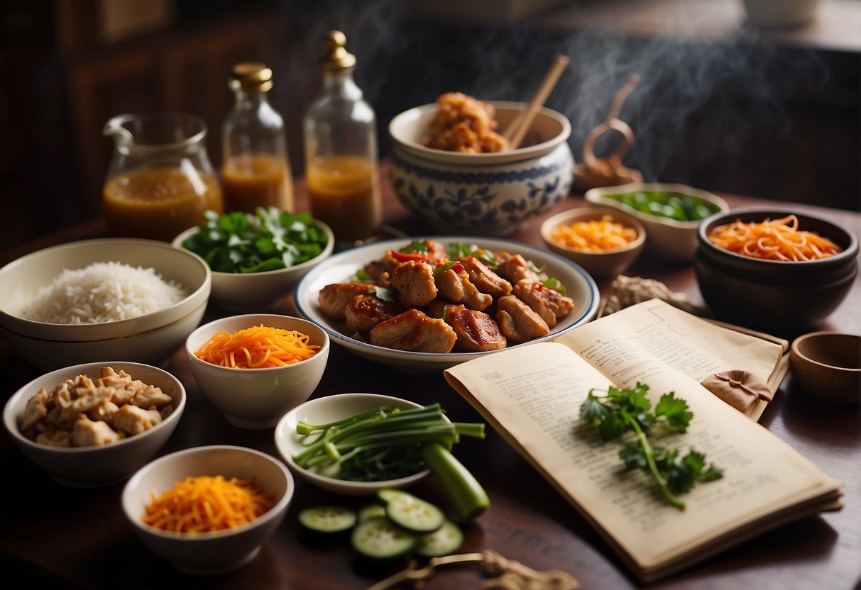 A table with a variety of Chinese ingredients and cooking utensils, with a recipe book open to a page titled "Easy Chinese Chicken Recipes for Dinner."