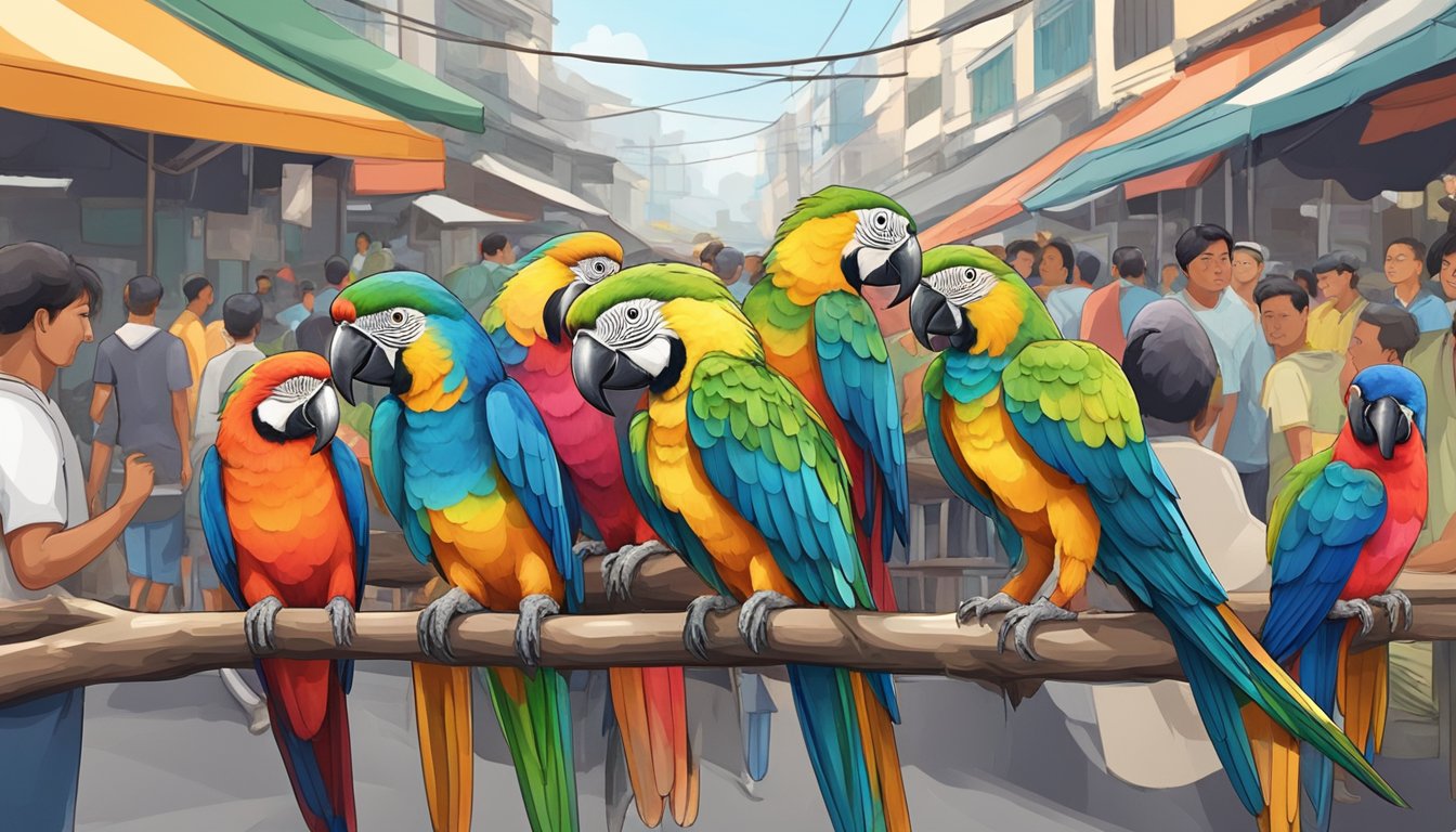 A colorful parrot perched on a branch in a bustling Singapore bird market. Cage vendors and interested buyers surround the area