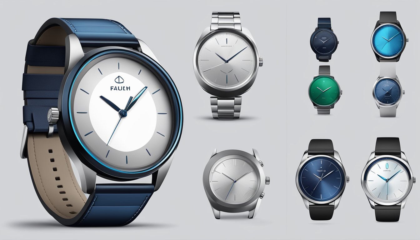A sleek, modern watch brand logo surrounded by minimalist, high-tech design elements