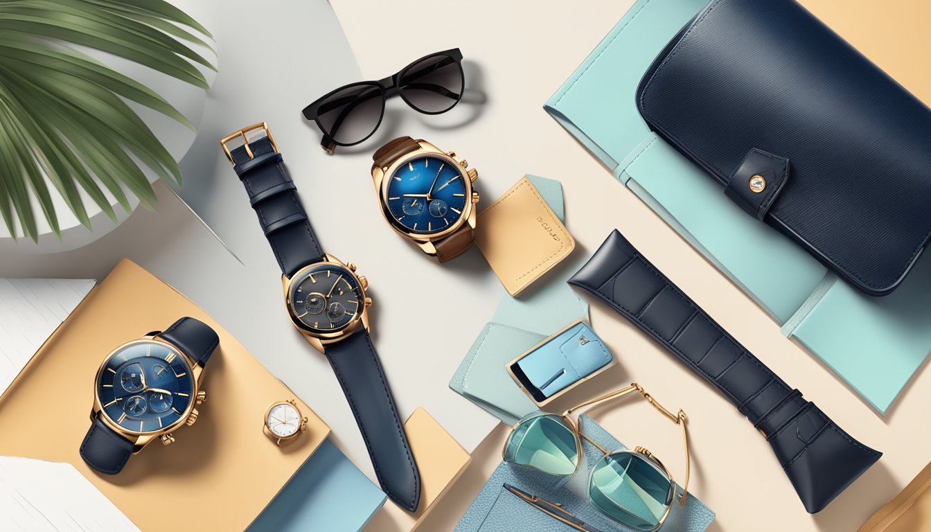 A sleek, modern watch displayed against a backdrop of luxury lifestyle items, such as a leather wallet, designer sunglasses, and a high-end smartphone